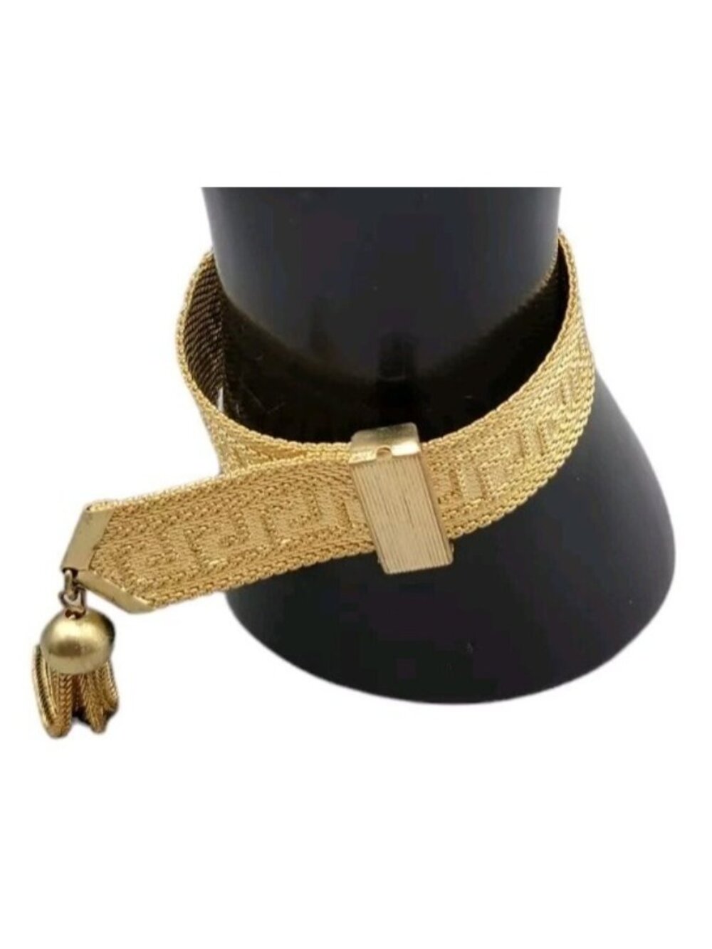 Art Deco Byzantine Greek Key Tassel Gold Tone Mesh Slide Bracelet - Picture 5 of 16